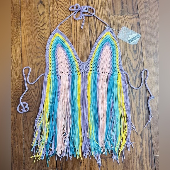 Women’s Boho Fringe Tied Crochet Halter Multicolor Cover Up Top NWT Sz M - Picture 2 of 8